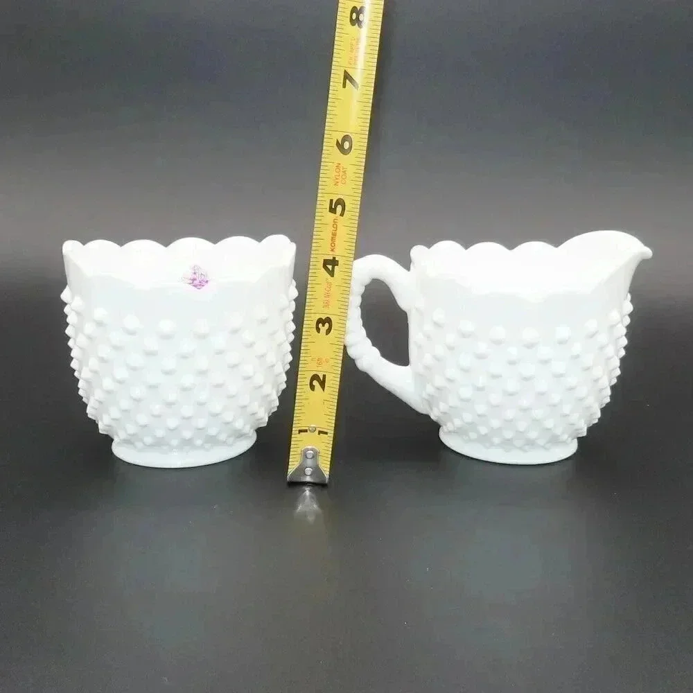 Vintage Fenton Oval Hobnail Milk Glass Sugar Bowl Creamer Set 1950s 1960s